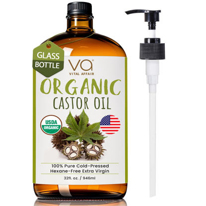Picture of Pure Castor Oil Organic Cold Pressed Unrefined Glass Bottle-USDA Organic Castor Oil Cold Pressed Glass Bottle For Castor Oil Packs-Castor Oil For Face,Castor Oil For Hair Growth, Eyebrow, Eyelash-32oz