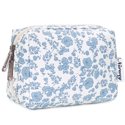 Picture of Narwey Small Cute Floral Makeup Bag for Purse Mini Cosmetic Bag Travel Makeup Pouch Zipper Pouch Cute Make up Bags with Compartments for Women Girls (Little Blue Flower, Small)