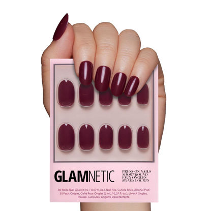 Picture of Glamnetic Press On Nails - Berry Maroon | Opaque Dark Red Maroon Short Round False Nails, Reusable Stick On Fake Nails with Glue | Salon Quality | 12 Sizes - 30 Nail Kit