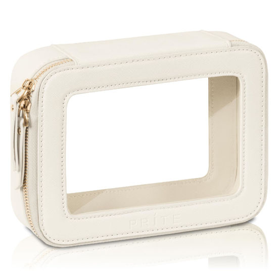 Picture of Prite Clear Makeup Bag Cosmetic Organizer Case Waterproof Travel Toiletry Bag Skincare Pouch with Golden Zipper(Beige)