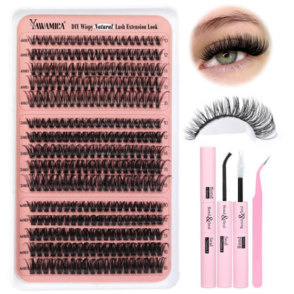 Picture of Yawamica Lash Extension Kit Wispy Volume Lash Clusters 40D+50D+60D Individual Lashes 10-18mm Eyelash Extension Kit D Curl 300pcs Eyelash Clusters with Waterproof Lash Bond and Seal and Lash Tweezers