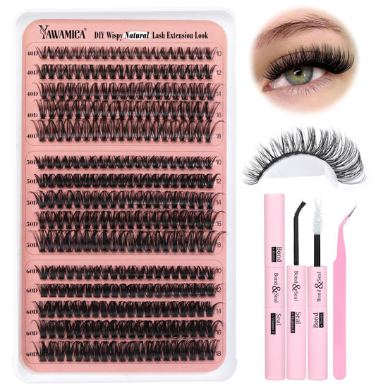 Picture of Yawamica Lash Extension Kit Wispy Volume Lash Clusters 40D+50D+60D Individual Lashes 10-18mm Eyelash Extension Kit D Curl 300pcs Eyelash Clusters with Waterproof Lash Bond and Seal and Lash Tweezers