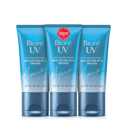 Picture of Biore UV Aqua Rich Daily Hydrating Facial Moisturizer with SPF 50 | Oil Free Sunscreen & Primer for Makeup with Hyaluronic Acid, No White Cast, Non-Comedogenic, For Sensitive Skin, PA++++, 1.7 Oz,3pck