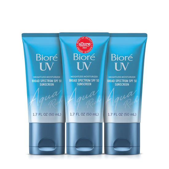 Picture of Biore UV Aqua Rich Daily Hydrating Facial Moisturizer with SPF 50 | Oil Free Sunscreen & Primer for Makeup with Hyaluronic Acid, No White Cast, Non-Comedogenic, For Sensitive Skin, PA++++, 1.7 Oz,3pck