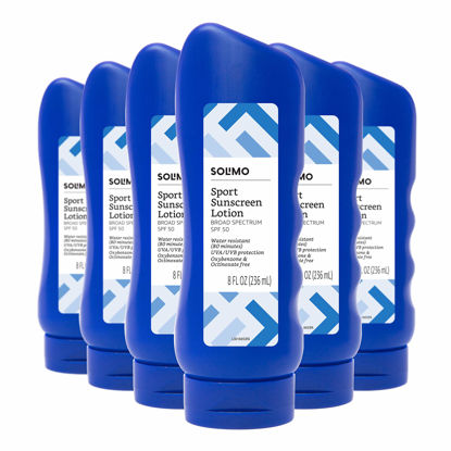 Picture of Amazon Brand - Solimo Sport Sunscreen Lotion, SPF 50, Formulated without Octinoxate & Oxybenzone, Broad Spectrum UVA/UVB Protection, Unscented, 8 fl oz (Pack of 6)