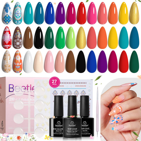 Picture of Beetles Gel Nail Polish Set, 27 Pcs 20 Colors Spring Gel Polish Kit Nude Pink White Red Green Neutral Gel with Base Coat Matte Glossy Top Coat Soak Off UV Pen Stickers Tools Valentines Gifts for Women