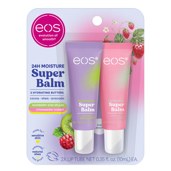 Picture of eos 24H Moisture Super Balm- Raspberry Kiwi Splash & Strawberry Sorbet, Lip Mask, Day or Night Lip Treatment, Made for Sensitive Skin, 0.35 fl oz, 2-Pack