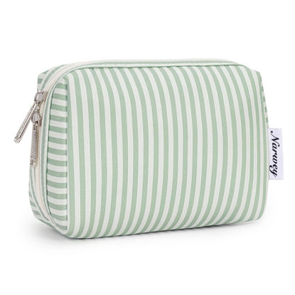 Picture of Narwey Small Striped Makeup Bag for Purse Mini Cosmetic Bag Travel Makeup Pouch Zipper Pouch Cute Make up Bags with Compartments for Women Girls (Mint Green Stripe, Small)