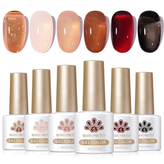Picture of Born Pretty Jelly Gel Nail Polish Set Fall Winter Jelly Brown Burgundy Black Gel Polish Sheer Milky Jelly Nude Transparent Gel Polish Set Nail Art Varnish Manicure Collection Gift Set 7ML 6PCS
