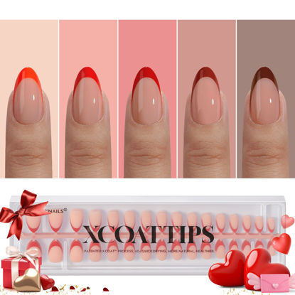 Picture of BTArtboxnails XCOATTIPS French Tip Press on Nails - Red Press On Nails Short, Valentines Almond Fake Nails, 160Pcs Soak Off Soft Gel Acrylic Nail Extension in 16 Sizes