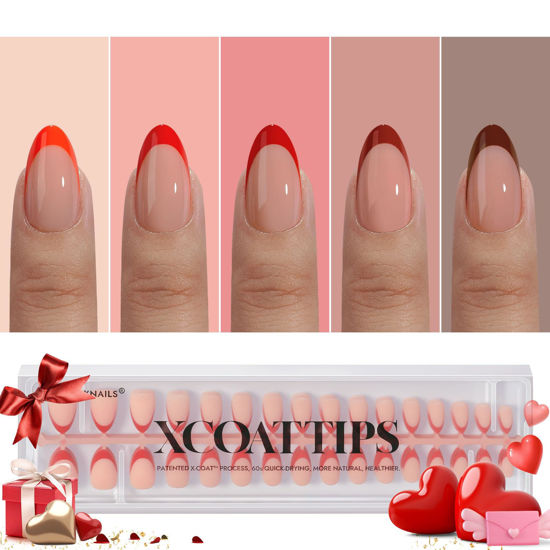 Picture of BTArtboxnails XCOATTIPS French Tip Press on Nails - Red Press On Nails Short, Valentines Almond Fake Nails, 160Pcs Soak Off Soft Gel Acrylic Nail Extension in 16 Sizes