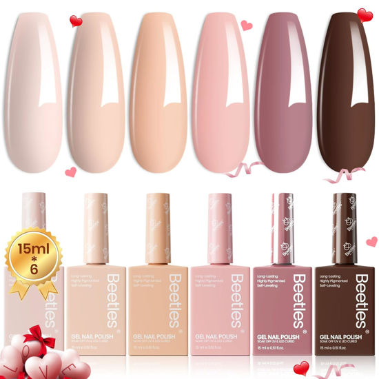 Picture of Beetles Neutral Gel Nail Polish Set 6Pcs, 15ml Nude Light Skin Dark Brown Warm Shades Gel Nail Kit, Long Lasting DIY Nail Art Salon & Home Valentines Day Gifts for Women Colorful Bottle Gel