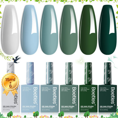 Picture of Beetles Spring Gel Nail Polish Set, 6 Colors Green Gel Nail Polish Kit Misty Gray Dark Green Baby Blue Nail Gel Polish Soak Off UV Lamp DIY Manicure Valentines Gel Gifts for Women