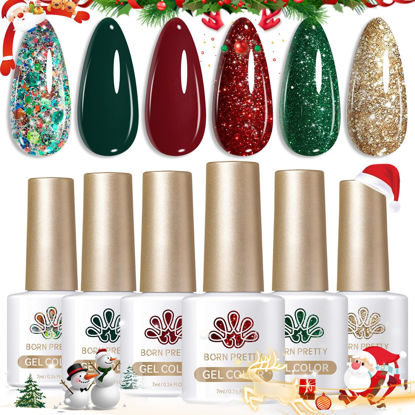 Picture of Born Pretty Christmas Gel Nail Polish Sparkle Glitter Red Green Gold Fall Winter Gel Polish Dark Green Red Burgundy Wine Red Gel Polish Set Nail Art Design Christmas Gift