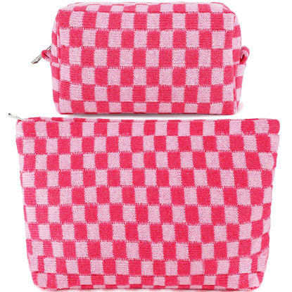 Picture of ZLFSRQ 2Pcs Checkered Makeup Bag for Women Large Cosmetic Bag Set Travel Toiletry Bag Makeup Pouch Bag for Purse Pink Zipper Storage Bag Organizer Cute Small Aesthetic Girls Car Essentials Bag