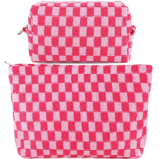 Picture of ZLFSRQ 2Pcs Checkered Makeup Bag for Women Large Cosmetic Bag Set Travel Toiletry Bag Makeup Pouch Bag for Purse Pink Zipper Storage Bag Organizer Cute Small Aesthetic Girls Car Essentials Bag