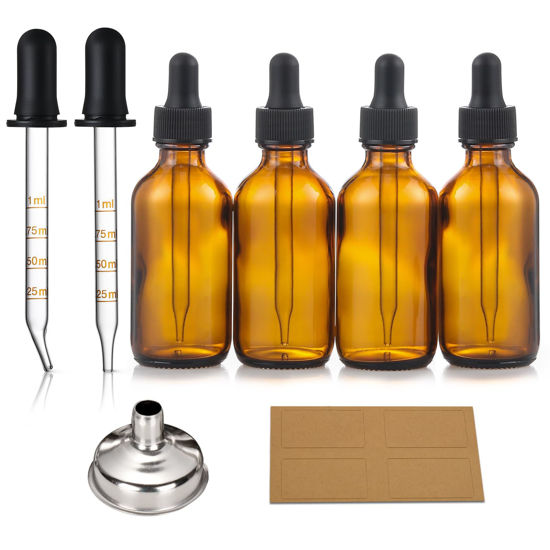 Picture of 4 Pack, 2 oz Dropper Bottles with 2pcs Glass Pipettes(1ml) - Essential Oils Bottles for Health, Personal Care & Beauty - 60ml Thick Dark Amber Glass Tincture Bottles with Eye Droppers, Leakproof