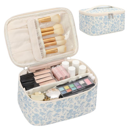 Picture of OCHEAL Makeup Bag Portable Cosmetic Bag For Women, Large Capacity Travel Makeup Case Organizer, Toiletry Bag for Girls Traveling With Handle and Divider-Flowers