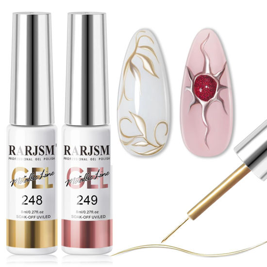 Picture of RARJSM Metallic Chrome Gel Liner Nail Art 3D Mirror Bronze Gold Rose Gold Effect Gel Nail Polish 8ml Painting Build in Thin Brush Metal Painted Drawing Striper Gel Polish Curing Requires Home Salon