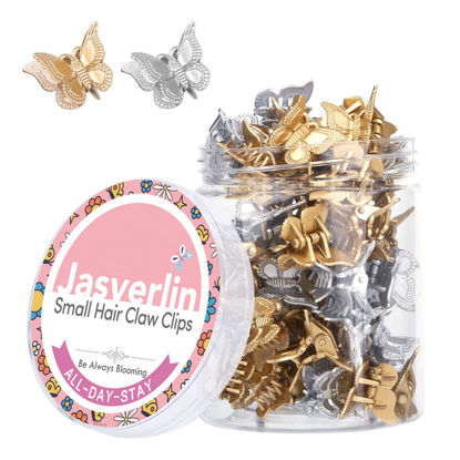 Picture of JASVERLIN Mini Butterfly Hair Clips 50pcs - Non-slip Metallic Silver Gold Hair Claws Clip Y2K 90s Small Tiny Cute Hair Accessories for Women Girls Kids -2000s Hair Clips Organizer (Silver & Gold)