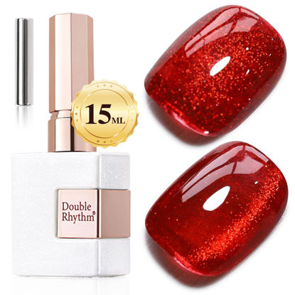 Picture of Double Rhythm Jelly Glass Cat Eye Gel Polish with Magnet 15ML Holographic Glitter Shimmer Translucent Sheer Color Magnetic Nail Polish Salon DIY at Home (Blood Red-MC1107)