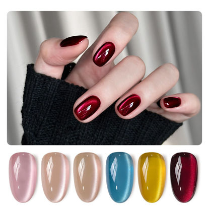 Picture of GAOY Dream World Glitter Red Cat Eye Gel Nail Polish Set with Magnet for Pink Blue Holographic Cat Eye, Salon Gel Manicure and Nail Art DIY at Home
