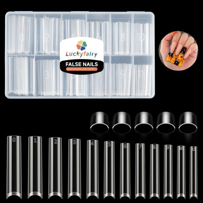 Picture of Luckyfairy 3XL Square Nail Tips, 240pcs Straight Tapered Soft Gel x Fake Nails, Acrylic Matte Half Cover Clear Gelly Press on Flase Nail Tips for Extension Nail Manicure Home DIY 12 Sizes Gelly Tips