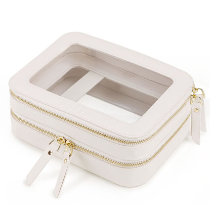 Picture of Prite Double Layer Makeup Bag for Women Portable Clear Makeup Bag Cute Waterproof Travel Cosmetic Bag with Gold Zipper for Car Essentials(Beige)