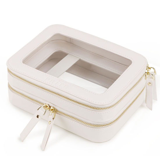 Picture of Prite Double Layer Makeup Bag for Women Portable Clear Makeup Bag Cute Waterproof Travel Cosmetic Bag with Gold Zipper for Car Essentials(Beige)