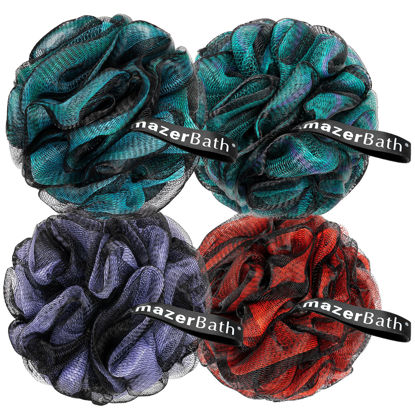 Picture of AmazerBath Charcoal Loofah Sponge, Shower Loofah 60g/PCS - Body Scrubber Loofa Set of 4 - Charcoal Blue, Green, Purple & Red, Bath Sponge for Men and Women
