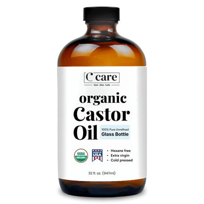 Picture of Castor Oil Organic Cold Pressed Unrefined Glass Bottle Hexane Free Extra Virgin USDA Certified 100% Pure Organic Castor Oil for Hair Growth Eyebrows Eyelashes Skin Use with Castor Oil Pack Wrap 32oz