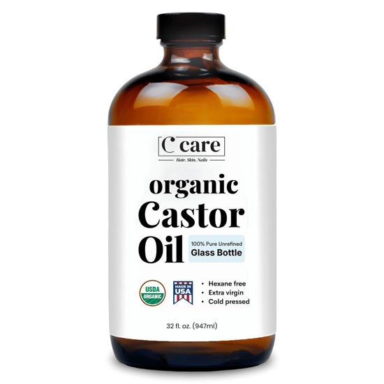 Picture of Castor Oil Organic Cold Pressed Unrefined Glass Bottle Hexane Free Extra Virgin USDA Certified 100% Pure Organic Castor Oil for Hair Growth Eyebrows Eyelashes Skin Use with Castor Oil Pack Wrap 32oz