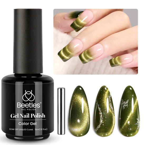 Picture of Beetles Green Cat Eye Gel Nail Polish, 15ML Olive Green Cat Eye Glitter Gel Nail Polish, Holographic Glitter Olive Green Cat Eye Magnetic Gel Polish Soak Off Uv Nail Art Manicure Gifts for Women