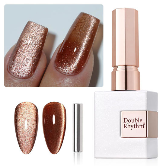 Picture of Double Rhythm Jelly Glass Cat Eye Gel Polish with Magnet 15ML Holographic Glitter Shimmer Translucent Sheer Color Magnetic Nail Polish Salon DIY at Home (Brown-MC1048)