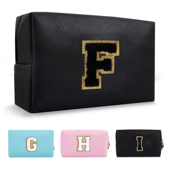 Picture of Personalized Initial A-Z Preppy Patch Makeup Bag,Small PU Chenille Letter Cosmetic Bag with Zipper for Teen Girls,Black Cute Toiletry Organizer Bag,Monogram Makeup Case Gift for Women Girls,Letter F
