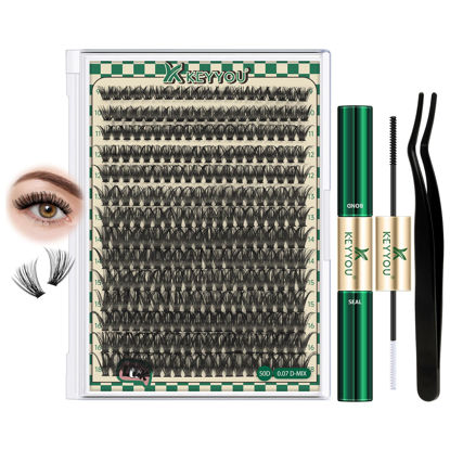 Picture of DIY Lash Extension Kit 280pcs Individual Lashes D Curl Eyelash Extension Kit KEYYOU 50D 9-18Mix Natural Lash Clusters with Lash Bond and Seal and Lash Applicator for DIY at Home(KIT-50D-0.07D-9-18Mix)