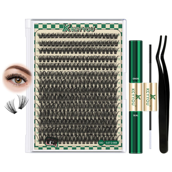 Picture of DIY Lash Extension Kit 280pcs Individual Lashes D Curl Eyelash Extension Kit KEYYOU 50D 9-18Mix Natural Lash Clusters with Lash Bond and Seal and Lash Applicator for DIY at Home(KIT-50D-0.07D-9-18Mix)