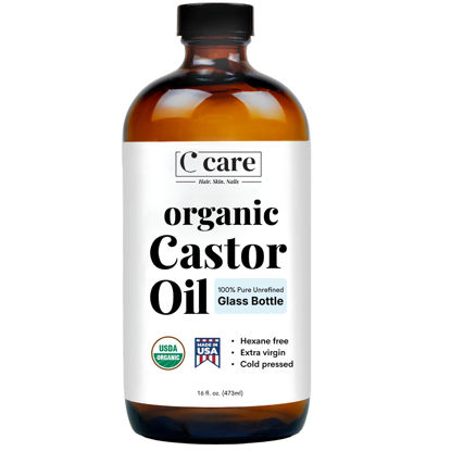 Picture of Castor Oil Organic Cold Pressed Unrefined Glass Bottle USDA Certified 100% Pure Organic Castor Oil Hexane Free Extra Virgin for Hair Growth Eyebrows Eyelashes Skin Use with Castor Oil Pack Wrap