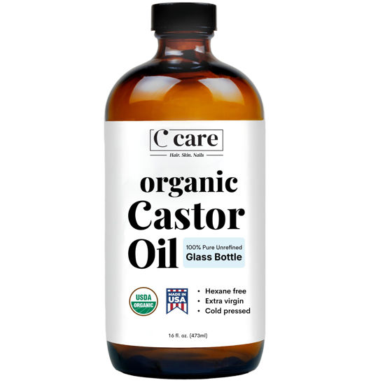 Picture of Castor Oil Organic Cold Pressed Unrefined Glass Bottle USDA Certified 100% Pure Organic Castor Oil Hexane Free Extra Virgin for Hair Growth Eyebrows Eyelashes Skin Use with Castor Oil Pack Wrap