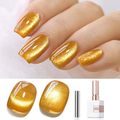 Picture of Double Rhythm Jelly Glass Cat Eye Gel Polish with Magnet 15ML Holographic Glitter Shimmer Translucent Sheer Color Magnetic Nail Polish Salon DIY at Home (Gold Cat-MC1025)