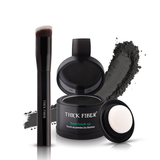 Picture of THICK FIBER Root Touch Up Powder - Water & Sweat Resistant Hair Loss Concealer Set for Thinning Hair Women, Includes Brush (Black)