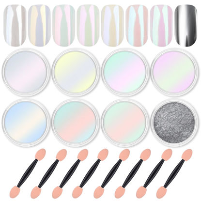 Picture of Artdone 8 Jars Chrome Nail Powder Magic White Pearl Kit Mirror Effect Silver Metallic Holographic Dip Nail Powder For Resin Craft & Nail Art Fimo, Decoration Iridescent Aurora Mermaid Pigment