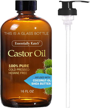 Picture of Essentially KateS Castor Oil 16 Fl Oz (Glass Bottle) - Coconut Oil + Shea Butter - A Huge Glass Bottle with a Pump - 100% Pure and Natural, Cold Pressed, and Hexane-Free - Hair Oil, Body Oil