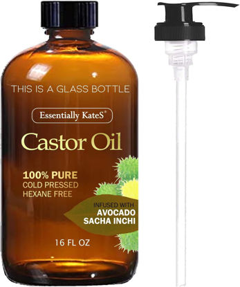 Picture of Essentially KateS Castor Oil 16 Fl Oz (Glass Bottle) - Avocado + Sacha Inchi- A Huge Glass Bottle with a Pump - 100% Pure and Natural, Cold Pressed, and Hexane-Free - Hair Oil, Body Oil