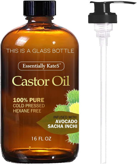 Picture of Essentially KateS Castor Oil 16 Fl Oz (Glass Bottle) - Avocado + Sacha Inchi- A Huge Glass Bottle with a Pump - 100% Pure and Natural, Cold Pressed, and Hexane-Free - Hair Oil, Body Oil