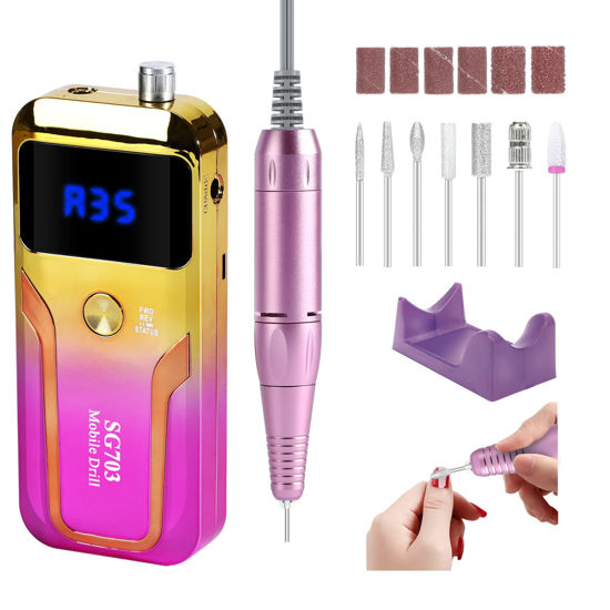 Picture of Portable Nail Drill Professional 35000 RPM, Rechargeable Electric Nail File Machine E File for Acrylic Nails Gel Polishing, Cordless Efile with Bits Kit for Manicure Salon Home, Yellow & Purple