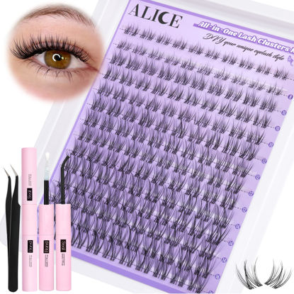 Picture of ALICE Cluster Eyelash Extension Kit Natural Wispy Lash Clusters Kit Lash Extension Kit Clear Band 168pcs C Curl 11-13mm Individual Lashes with Lash Glue Bond and Seal Self Application at Home