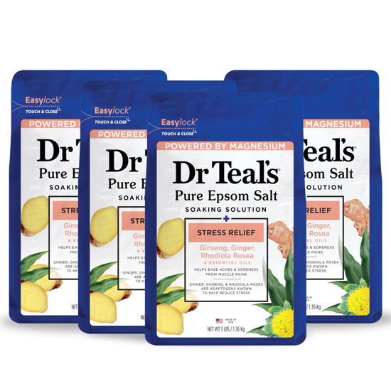 Picture of Dr Teal's Pure Epsom Magnesium Salt Soak, Stress Relief with Ginseng & Ginger Essential Oils, 3 lbs (Pack of 4)