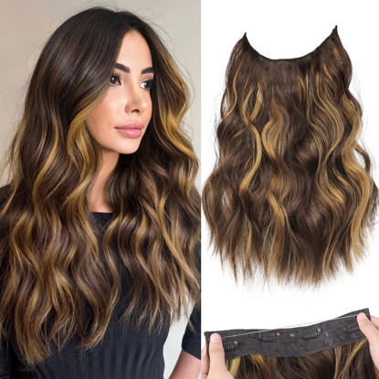 Picture of KooKaStyle Invisible Wire Hair Extensions with Transparent Headband Adjustable Size 4 Secure Clips Long Wavy Secret Wire Hairpiece for Women(16 Inch Chestnut Brown with Blonde Highlights)
