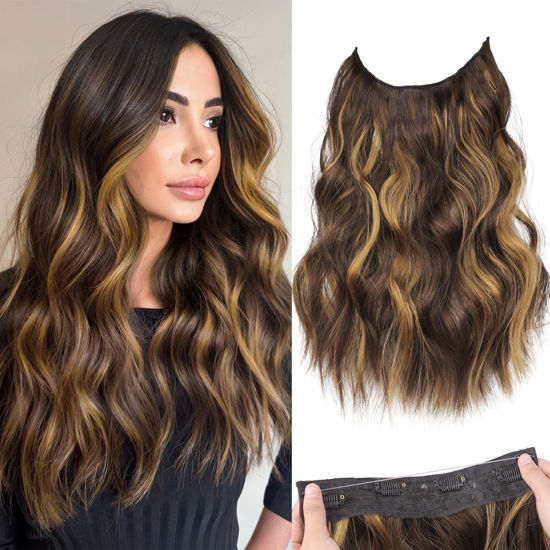 Picture of KooKaStyle Invisible Wire Hair Extensions with Transparent Headband Adjustable Size 4 Secure Clips Long Wavy Secret Wire Hairpiece for Women(16 Inch Chestnut Brown with Blonde Highlights)